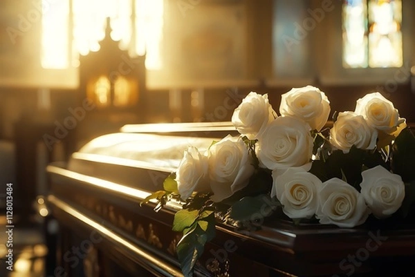 Obraz Closeup Of A Funeral Casket With White Roses Inside A Chapel During A Memorial Service Generative AI,