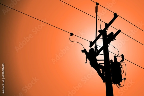 Fototapeta The power lineman use clamp stick (insulated tool) to closing a transformer on energized high-voltage electric power lines. The power lineman must be trained because it is a risky job.