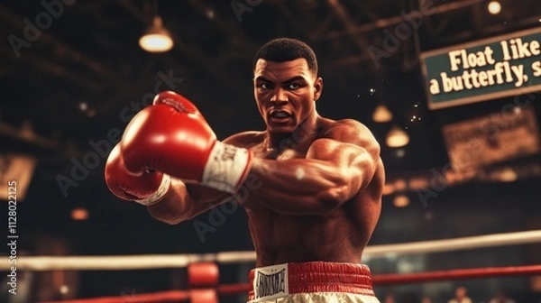 Fototapeta Muscular boxer, red gloves, ring, intense focus.