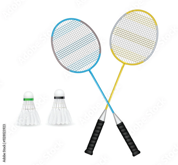 Fototapeta Set illustration of two crossed badminton rackets with blue and yellow frames, along with two shuttlecocks, one with a green band and the other with a black band. Ideal for use in sports and