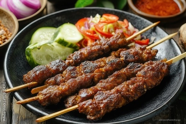 Fototapeta Delicious grilled beef satay skewers served with fresh cucumber and red onion salad, and spicy chili sauce.