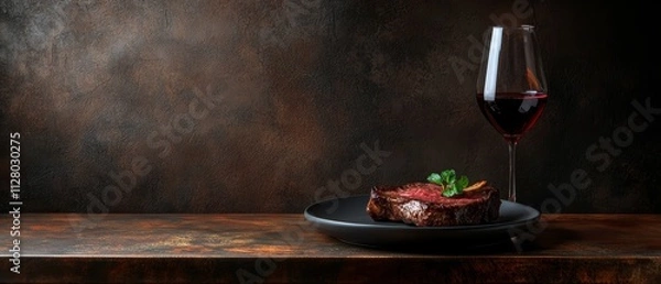 Fototapeta a steak on a plate and a glass of wine