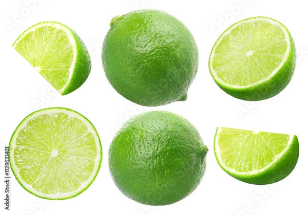 Fototapeta Natural fresh lime, half and slice isolated, transparent PNG, PNG format, cut out