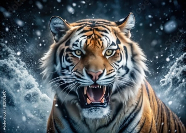 Fototapeta Sleek saber-tooth tiger, minimalist style.  4K animated loop, perfect for Vtuber backgrounds or wallpapers. Snowstorm effect.