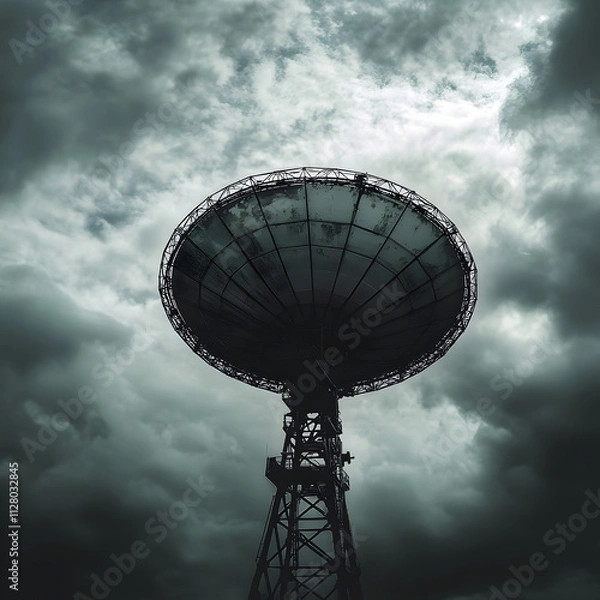 Fototapeta Satellite dish monitoring signal urban area technology image cloudy atmosphere aerial view communication concept