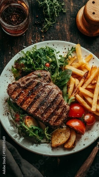 Fototapeta grilled beef steak with fries and salad on a white plate