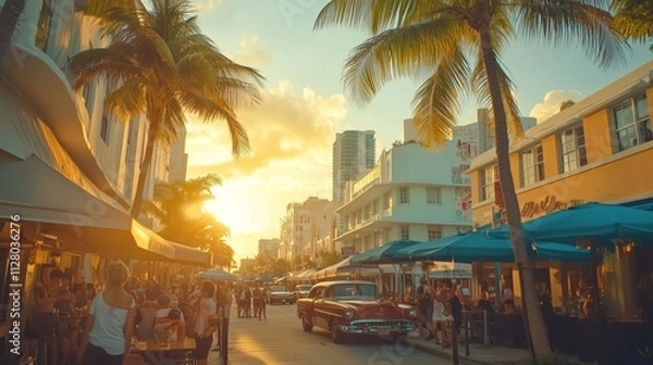 Fototapeta Downtown Miami buzzes with Art Deco architecture, palm trees, and vibrant street life at sunset.