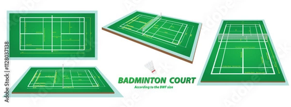 Fototapeta Set illustration of a badminton court with measurements adhering to BWF (Badminton World Federation) standards. The image includes top and angled views of the court, showing dimensions for singles and