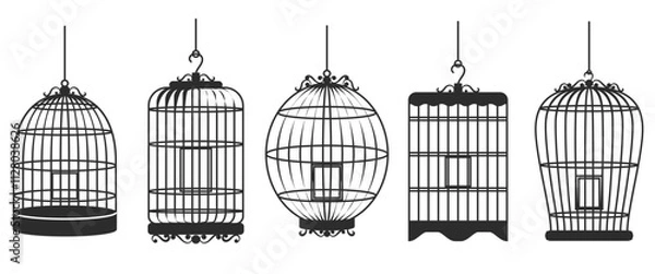 Fototapeta Set illustration of five unique, black silhouette bird cage designs, each hanging from a hook. The image showcases various cage shapes and intricate details, perfect for vintage-inspired decor