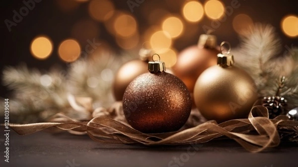 Obraz Elegant holiday ornaments with warm bokeh lights in the background