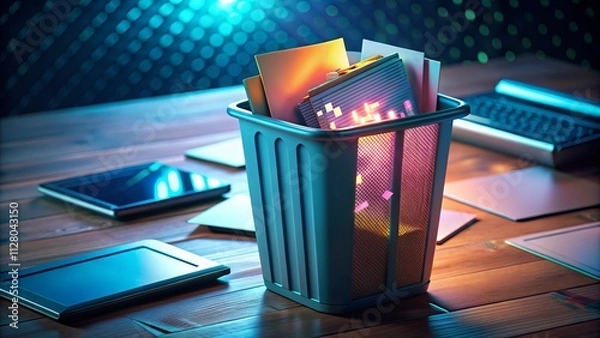 Obraz 3D Render Recycle Bin Deletion: Computer File Data Disposal, Digital Waste, Virtual Trash Can