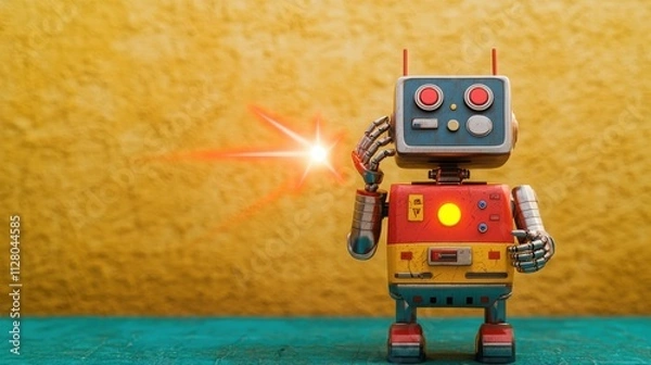 Fototapeta Fraudulent spam calls and technology concept. Vintage robot toy with a glowing laser against a colorful background.