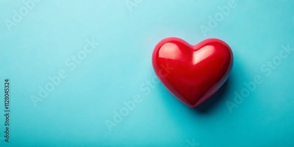 Fototapeta Aerial View Red Heart Light Blue Background Top Down  -  Heart Shaped Design,  Abstract Art, Romance Concept,  Space for Text,  Pastel Background