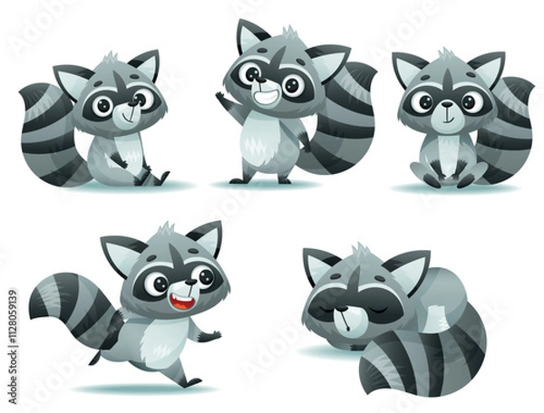 Obraz Adorable animated raccoons showcasing a variety of playful poses and charming expressions in vibrant colors
