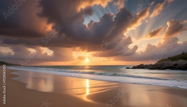 Fototapeta Morning Sunrise Evening Sunset Ocean Palm Coconut Tree Sunlight Peaceful Horizon Background Texture