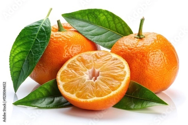 Obraz Clementine, Tangerine, Citrus Fruit, Slices, Green Leaf, White Background,  Isolated,  Food Photography, Still Life,  Healthy Snack, Vitamin C,  Bright, Juicy,  Fresh,  Organic,  Delicious