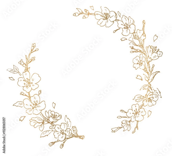 Fototapeta 桜の花のフレーム　春のベクター素材　金色の線画　植物の装飾
