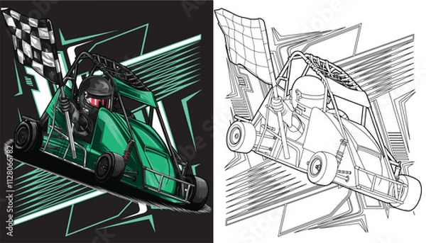 Fototapeta Outline green and painted racing car. Isolated in black background, for t-shirt design, print. and for business purposes.