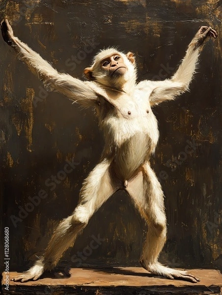 Fototapeta A playful monkey posing confidently, showcasing its unique stance and lively personality against a dark backdrop.