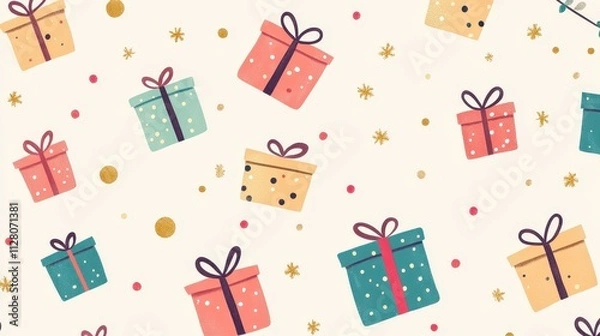Obraz Charming Cartoon Style Background Featuring Cute Gift Boxes and Decorative Elements, Perfect for Holiday and Festive Designs