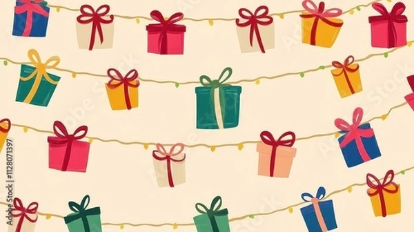 Obraz Cute Cartoon Style Garland with Tiny Gift Boxes in Various Colors Displaying Cheerful Festivity for Holiday or Celebration Themes