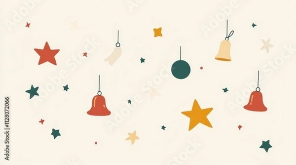 Obraz Minimalist Cartoon-Style Christmas Ornaments and Decorations with Stars, Bells, and Baubles in a Soft Color Palette on a Light Background
