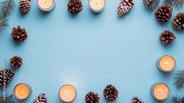 Obraz A Minimalist Arrangement of Candles and Pinecones in a Cartoon Style on a Soft Blue Background for Cozy Seasonal Decor Inspirations