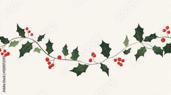 Obraz Bright and Cheerful Minimalist Cartoon-Style Garland Featuring Holly Leaves and Red Berries for Seasonal Decor and Festive Design