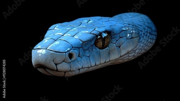 Fototapeta Close-up of a Blue Snake's Head Against a Black Background