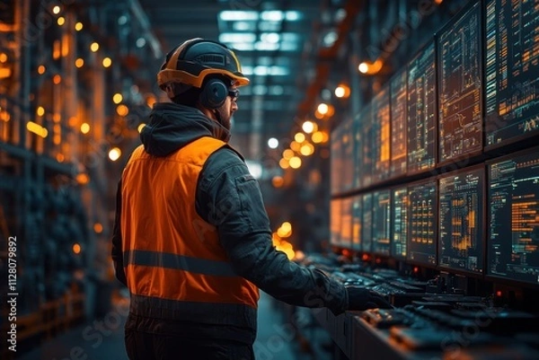 Fototapeta Warehouse Manager Analyzing Inventory Data on Multiple Screens in Industrial Environment