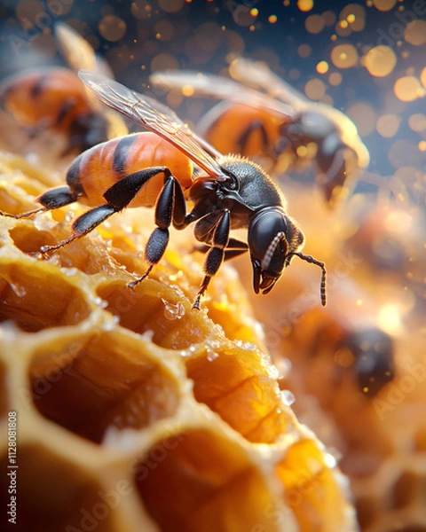 Fototapeta Insect activity bees harvesting honeycomb nature's workshop close-up shot vibrant environment micro viewpoint for seo impact