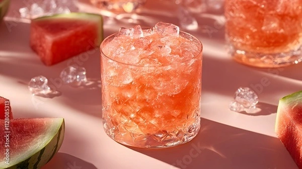 Fototapeta Watermelon Slush is a refreshing summer drink served in a chilled glass, surrounded by vibrant watermelon slices that evoke a joyful and invigorating atmosphere.