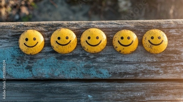 Fototapeta  Group of five positive and happy smileys on a wooden surface on a sunny day.