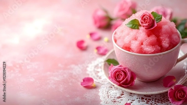 Fototapeta Watermelon Slush is a refreshing treat served in a delicate cup, adorned with pink roses and petals, set against a soft pink backdrop for a charming, elegant vibe.