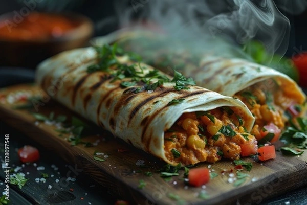 Obraz Delicious Grilled Chickpea Wraps with Fresh Herbs and Vegetables on Rustic Wooden Board with Steam on Dark BackgroundChickpea wrap