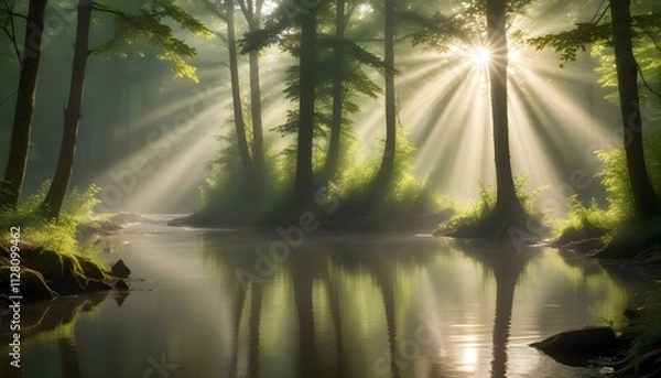 Fototapeta Green Forest Sun Sky Pine Bamboo Trees Jungle Canopy Background Summer Spring Autmn Camping Travel