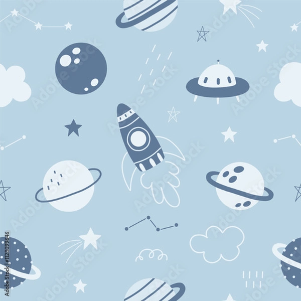 Fototapeta Seamless pattern with cute space, planets, stars, ufo, constellations, rockets, saturn on light blue background. Creative kids texture for fabric, prints, wallpaper, decorations, textiles.