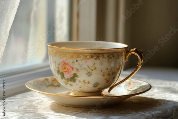 Fototapeta Elegant floral teacup and saucer on windowsill in sunlight.