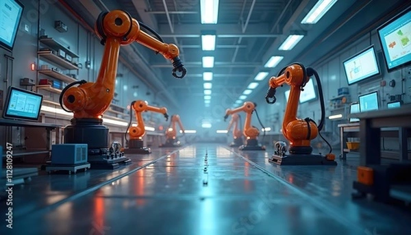 Fototapeta Industrial Robotic Arms Operating in a High-Tech Automated Factory