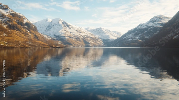 Fototapeta Majestic winter landscape of snow-covered mountains reflected in a tranquil lake surrounded by frosty trees serene atmosphere evoking peace solitude natural beauty and the timeless power of nature