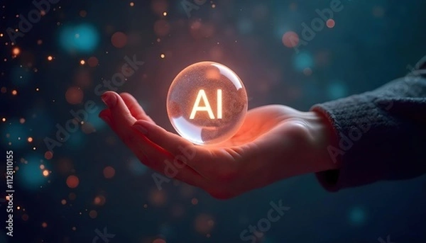 Fototapeta AI Sphere Glowing in Hand with Abstract Bokeh Background