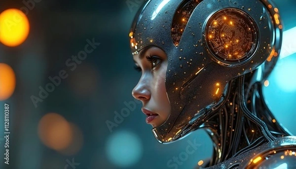 Fototapeta Futuristic Cybernetic Woman With Glowing Lights And Advanced Technology Design
