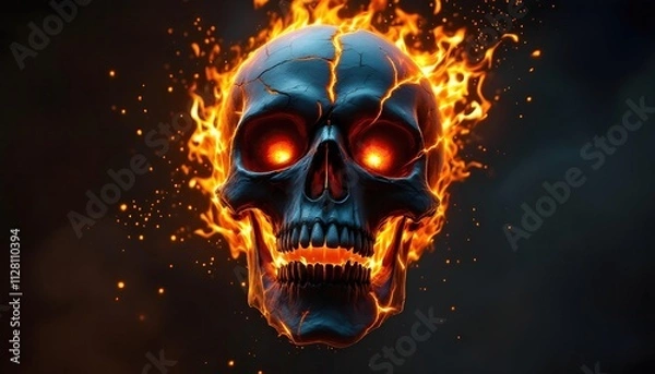 Fototapeta Burning Skull With Glowing Eyes and Fiery Flames in Dark Background