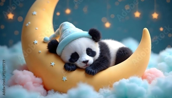 Fototapeta Adorable Baby Panda Sleeping on a Crescent Moon Surrounded by Soft Clouds and Twinkling Stars