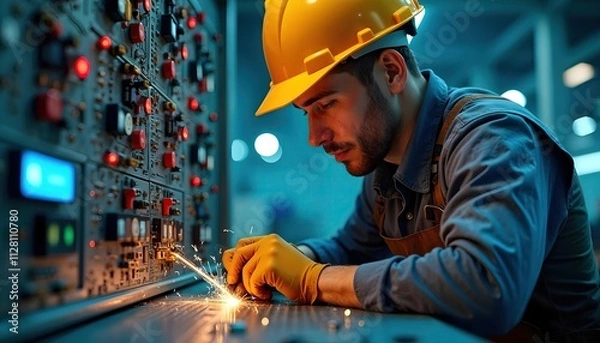 Fototapeta Industrial Worker in Yellow Hard Hat Welding Circuit Board with Sparks in a High-Tech Factory Setting