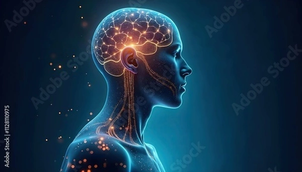 Fototapeta Digital Illustration of Human Brain and Nervous System Glowing with Neural Connections on Dark Background