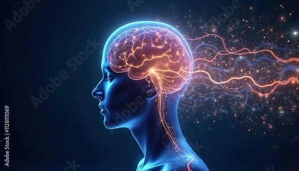 Fototapeta Human Brain with Glowing Neural Networks and Energy Waves Representing Thought and Cognitive Processes
