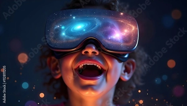 Fototapeta Child Experiencing a Virtual Galaxy Through VR Headset with Excitement and Cosmic Lights in Dark Room