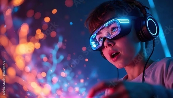 Fototapeta Child Immersed in Virtual Reality Gaming with Futuristic Goggles and Headset Surrounded by Neon Lights