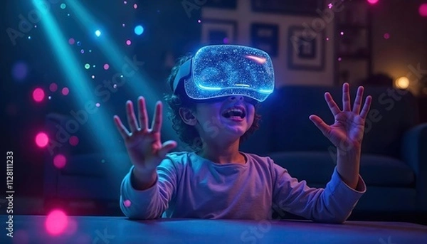 Fototapeta Child Immersed in Virtual Reality with VR Headset and Glowing Magical Lights in a Dark Room Setting